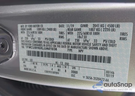 2020 Ford Escape Sel z USA, uszkodzony, nr VIN 1FMCU9H6XLUA61038